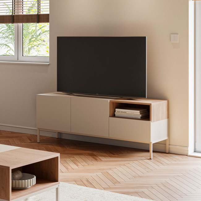 Quenor - Meuble TV 2 portes 1 tiroir en bois et métal L140cm