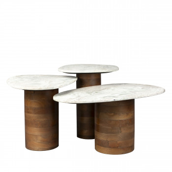 Suki - Lot de 3 tables basses organiques gigognes en marbre et bois