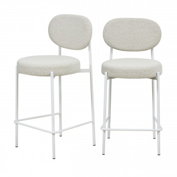 Kyoto - Lot de 2 tabourets de bar en tissu bouclette et pieds blancs