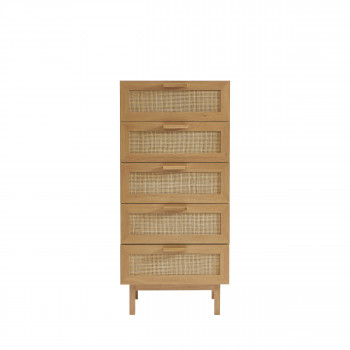 June - Commode 5 tiroirs en bois et cannage L60cm