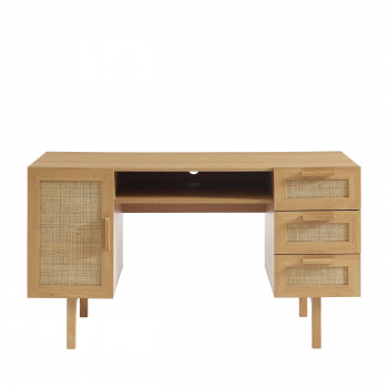 June - Bureau 1 porte 3 tiroirs en bois et cannage L135cm