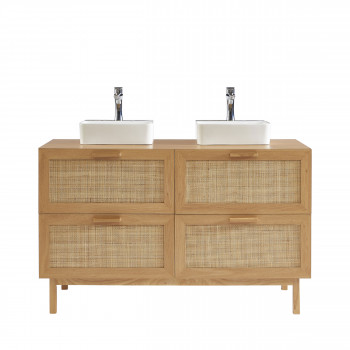 June - Meuble de salle de bain 2 vasques en bois et cannage L130cm