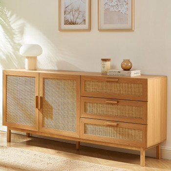 June - Buffet 2 portes 3 tiroirs en bois et cannage L180cm